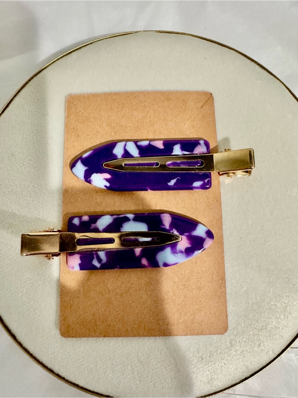 Purple Tortoiseshell Resin Hair Clips - Gold Hardware (Set of 2)